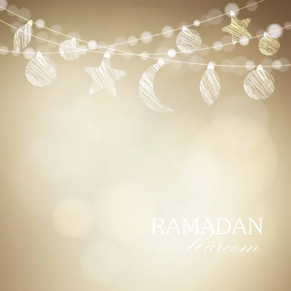 Κορδόνι με διακοσμητικά φώτα φεγγάρι και bokeh. Χρυσή εορταστική διάνυσμα φόντο εικόνα. Κάρτα ή πρόσκληση για μουσουλμανική κοινότητα ιερού μήνα Ramadan Kareem. — Διανυσματικό Αρχείο
