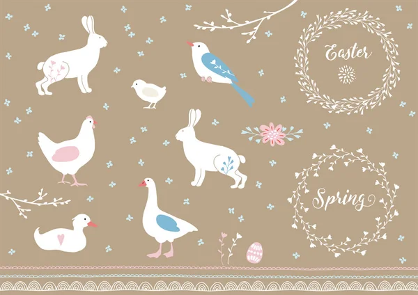 Set of white hand drawn Easter and spring elements. Farm animals, flowers and decorative borders. Vintage design. Isolated vector illustrations. — Stock Vector