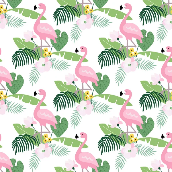 Tropische jungle naadloze patroon met flamingo vogel, palmbladeren en magnolia of lotus bloemen. Plat ontwerp, vector afbeelding achtergrond. — Stockvector