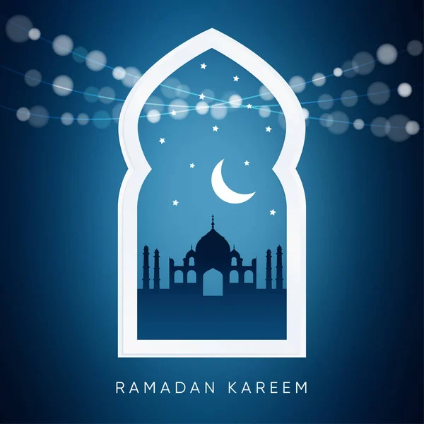 Fenêtre arabe avec, silhouette de la mosquée, lune. Carte du Ramadan . — Image vectorielle
