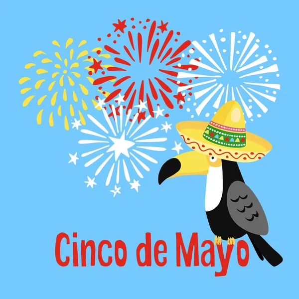 Mexikanska Cinco de Mayo gratulationskort, inbjudan. Toucan fågel med sombrero hatt och handen ritade fyrverkerier. Vektorillustration. — Stock vektor