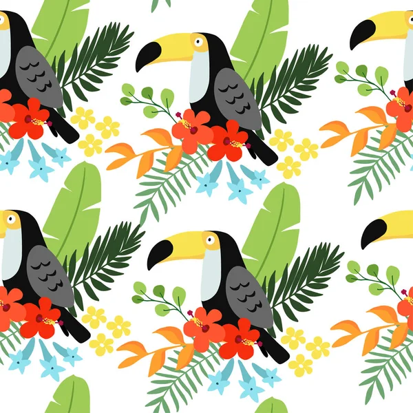 Patrón sin costura de selva tropical con pájaro tucán, heliconia y flores de hibisco y hojas de palma, diseño plano. Fondo de ilustración vectorial . — Archivo Imágenes Vectoriales
