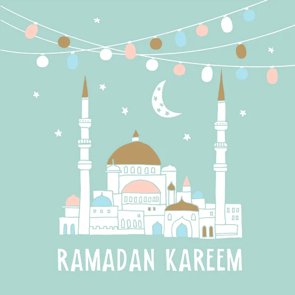 Sziluettje kézzel rajzolt mecset és koszorúkat, izzók, Hold, csillagok, vektor illusztráció háttér a muszlim Közösség szent hónapja Ramadan Kareem. — Stock Vector