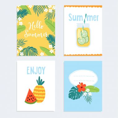 Elle çizilmiş yaz günlük kaydı kartları, davetiyeler tropikal meyve, çiçek ve palm kümesi bırakır. Vektör çizim arka planlar. Karpuz ve ananas orman tasarımı.