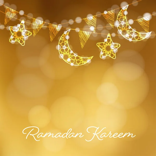 Ghirlande con lune decorative, stelle, luci e bandiere di festa. Scheda illustrativa vettoriale, invito per la comunità musulmana mese santo Ramadan Kareem. Oro festivo sfondo sfocato . — Vettoriale Stock