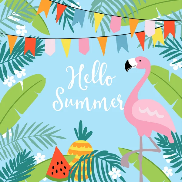 Hej blad sommar hälsning kort, inbjudan, inbjudningar med handen ritade palm, blommor, flamingo fågel och party flaggor. Tropisk djungel design. Vektor illustration bakgrund. — Stock vektor