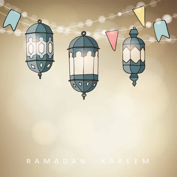 Lanternes arabes ornementales dessinées à la main avec chaîne de lumières et drapeaux de fête. Carte de voeux, invitation pour la communauté musulmane mois saint Ramadan Kareem. Illustration vectorielle arrière plan — Image vectorielle