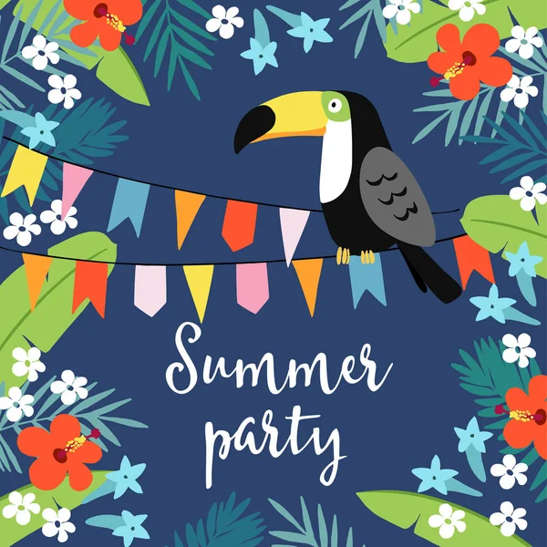 Zomer partij wenskaart, uitnodiging, uitnodigingen met hand getrokken palmbladeren, hibiscus bloemen, toucan bird en partij vlaggen. Ontwerp van de tropische jungle. Vector afbeelding achtergrond. — Stockvector