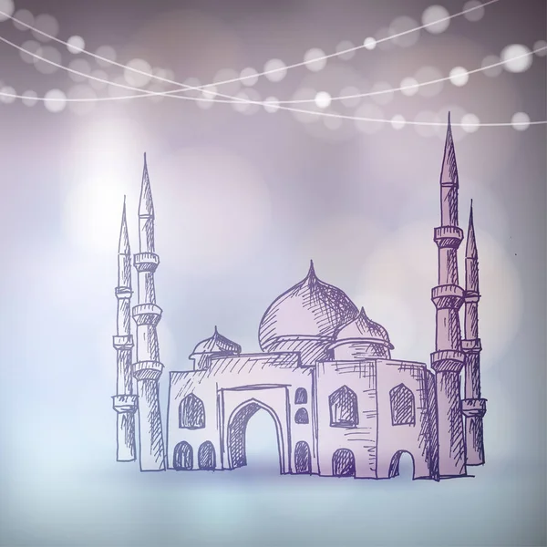 Kézzel rajzolt vázlat a mecset a húr-ból fények bokeh. Üdvözlőkártya, meghívó a muszlim Közösség szent hónapja Ramadan Kareem. Művészi vektoros illusztráció háttér. — Stock Vector
