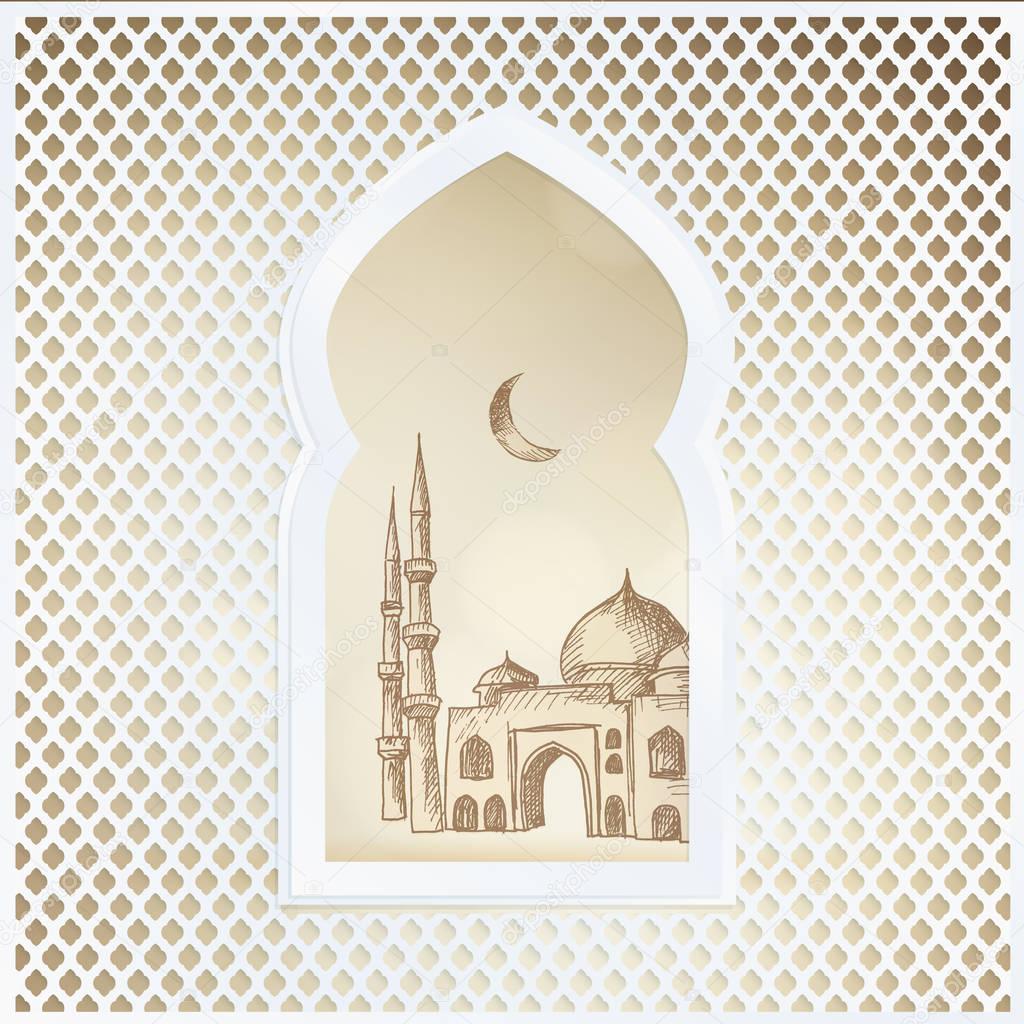 Arabic window with the hand drawn sketch of moon and the mosque. Greeting card, invitation for Muslim community holy month Ramadan Kareem. Vector illustration background.