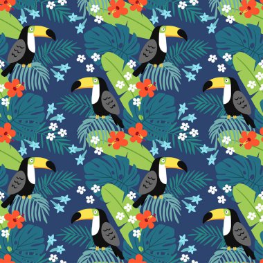 Tropikal orman seamless modeli toucan kuş, hibiscus çiçek ve palmiye yaprakları. Düz tasarım, vektör çizim arka plan.