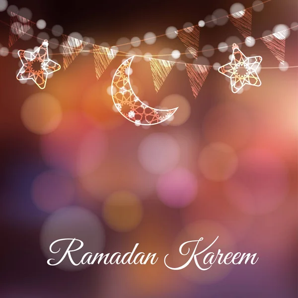 Ghirlande con lune decorative, stelle, luci e bandiere di festa. Scheda illustrativa vettoriale, invito per la comunità musulmana mese santo Ramadan Kareem. Colorato sfondo sfocato festivo . — Vettoriale Stock