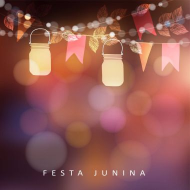 Brezilyalı Haziran parti Festa Junina, midsummer kutlama veya yaz Bahçe partisi. Vektör çizim arka plan ışıkların garland ile fenerler ve bayrakları cam kavanozlar.