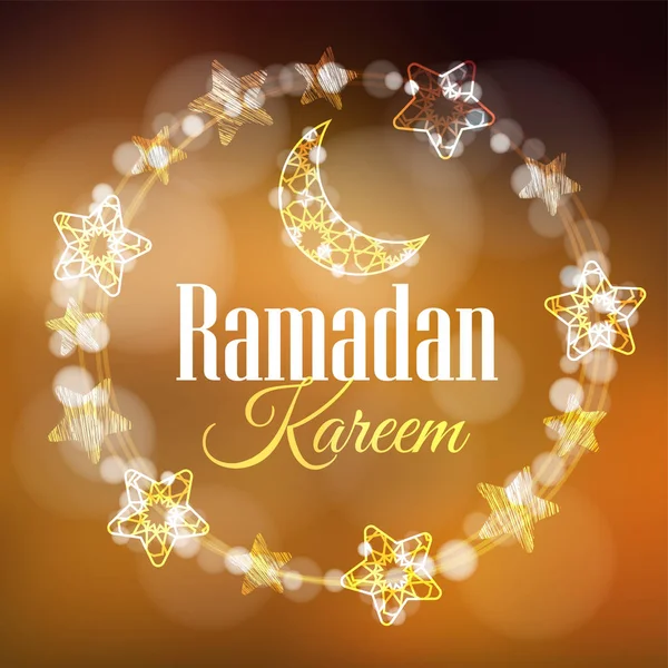 Ramadan Kareem kartkę z życzeniami, zaproszenie z wieniec wykonany z lekkiego z ozdobny księżyców i gwiazdek. Złote niewyraźne tło uroczysty. — Wektor stockowy