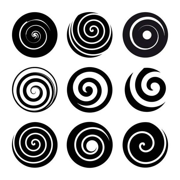 Satz spiralförmiger Bewegungselemente. schwarz isolierte Objekte, verschiedene Pinselstrukturen, Vektorillustrationen. — Stockvektor