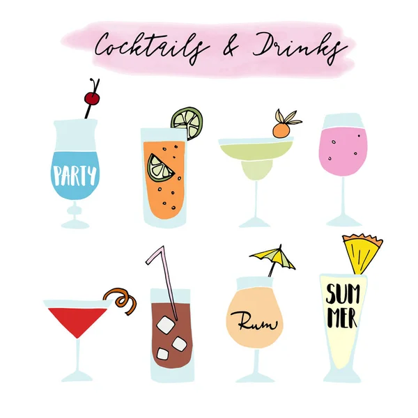 Set di bevande alcoliche disegnate a mano, cocktail con citazioni lettering. Vacanza estiva e concetto di festa in spiaggia. Icone vettoriali isolate . — Vettoriale Stock