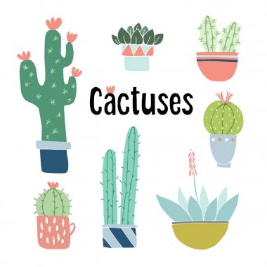 Şirin el çekilmiş kaktüs ve tencere etli bitkiler kümesi. Çiçek vektör nesnelerini izole. Çizgi film çizimler.
