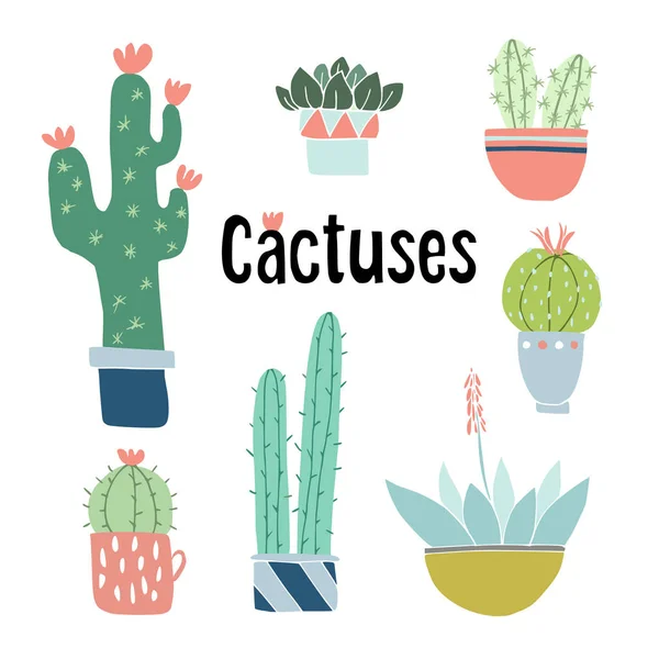 Set of cute hand drawn cactus and succulent plants in pots. Isolated floral vector objects. Cartoon illustrations. — Stock Vector