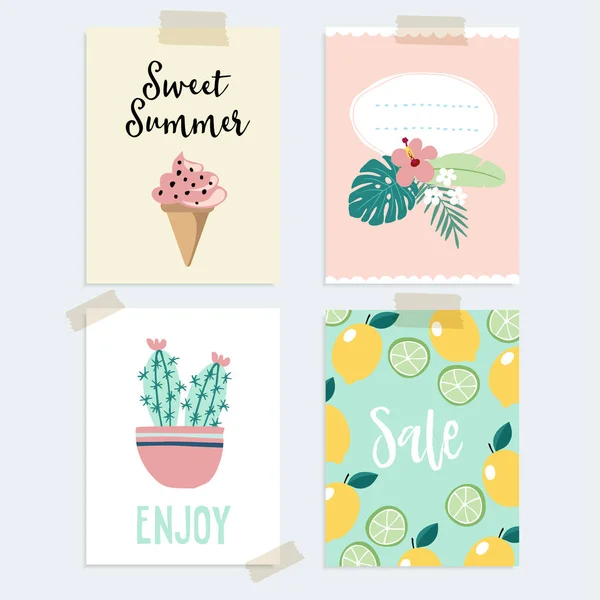 Set di biglietti di auguri estivi disegnati a mano o cartoline. Design tropicale con foglie di palma, cactus, frutta al limone e gelato. Oggetti vettoriali isolati . — Vettoriale Stock