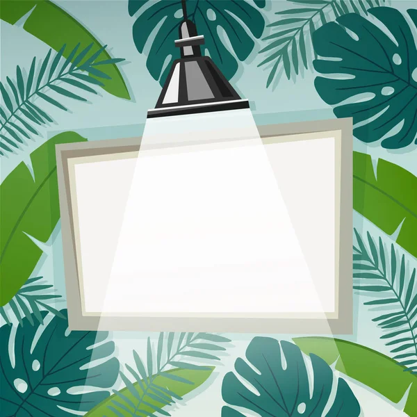 Fondo vectorial con marco vacío o rotafolio iluminado por lámpara y hojas de palma tropical. Concepto de verano. Espacio vacío para mostrar el texto . — Archivo Imágenes Vectoriales