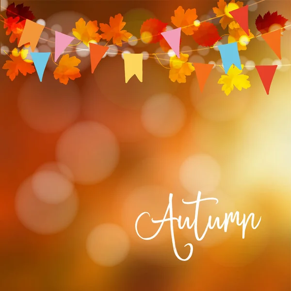 Otoño, fondo de otoño. Tarjeta de felicitación con hojas de arce y roble y luces bokeh. Decoración de cuerdas con banderas de fiesta de colores. Ilustración vectorial borrosa moderna . — Vector de stock