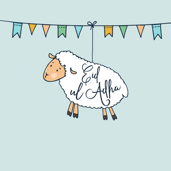 Eid-ul-Adha greeting card with hand drawn sheep and party flags. Muslim community festival of sacrifice. Vector illustration background, web banner. — Stock Vector