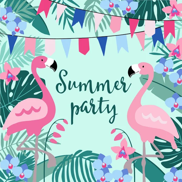 Cartão de festa de aniversário de verão, convite com folhas de palmeira desenhadas à mão, flores de orquídeas, pássaros flamingo e bandeiras de festa. Projeto da selva tropical. Fundo de ilustração vetorial . — Vetor de Stock