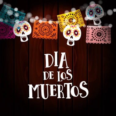 Dia de los Muertos, Ölülerin günü veya Cadılar Bayramı kartı, ışıklar, numara ve kağıt dize davetle parti bayrakları keser. Eski ahşap arka plan. Vektör çizim arka plan.