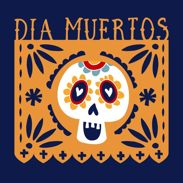Dia de los Muertos ευχετήρια κάρτα, πρόσκληση. Μεξικανική ημέρα των νεκρών. Χειροποίητο χαρτί κόψτε σημαία συμβαλλόμενου μέρους με ornametal κρανίο, calavera catrina. Το χέρι συντάσσονται διανυσματικά εικονογράφηση, φόντο, web banner. — Διανυσματικό Αρχείο