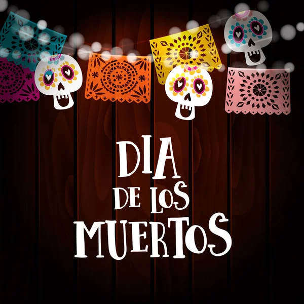 Dia de los Muertos, Tarjeta del Día de los Muertos o Halloween, invitación con cadena de luces, sculls y banderas de fiesta cortadas en papel. Antiguo fondo de madera. Fondo de ilustración vectorial . — Archivo Imágenes Vectoriales