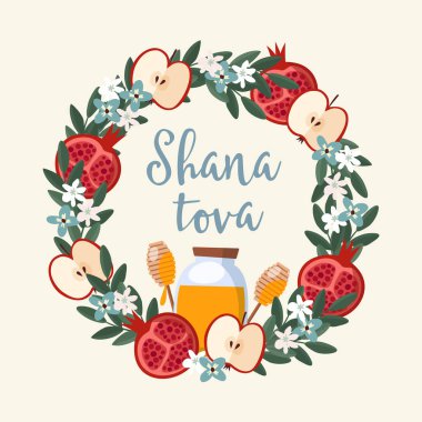 Shana Tova tebrik kartı, davet için Yahudi yeni yılı Rosh Hashanah. Çiçek çelenk nar ve elma meyve, yaprak, çiçek ve bal yaptı. Vektör çizim arka plan, düz tasarım.