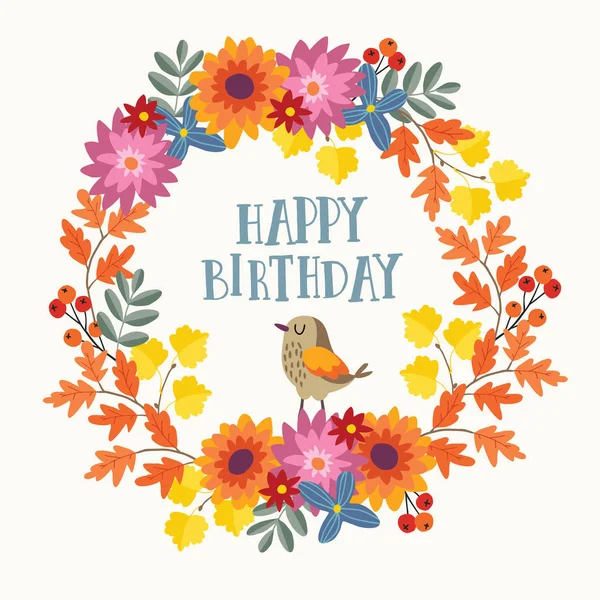 Jolie carte de voeux d'anniversaire d'automne dessinée à la main, invitation avec oiseau et couronne de fleurs de maman et feuilles d'érable et de chêne colorées. Concept de saison d'automne. Illustration vectorielle isolée . — Image vectorielle