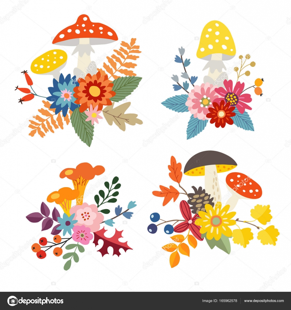 Set di mazzi di fiori disegnati a mano ¨ costituito da funghi foglie colorate e fiori posizione floreale in autunno autunno og ti vettoriali