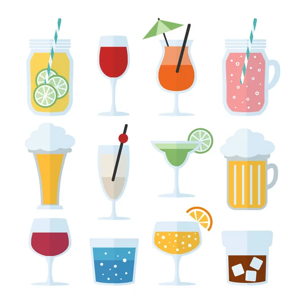 Set of alcoholic drinks, wine, beer and cocktails. Isolated vector icons, flat design. — Stock Vector