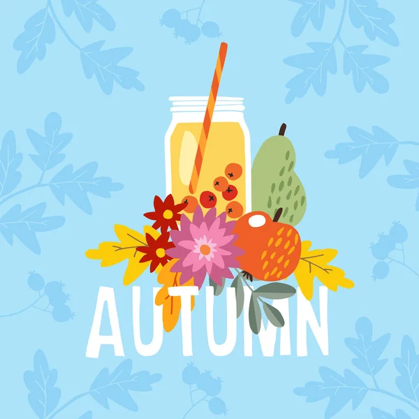 Hand getrokken herfst partij wenskaart, uitnodiging met cocktail drinken in een glazen pot. Appel, peer fruit en bessen en moeders bloemen en kleurrijke bladeren. Val concept. Vectorillustratie, webbanner. — Stockvector