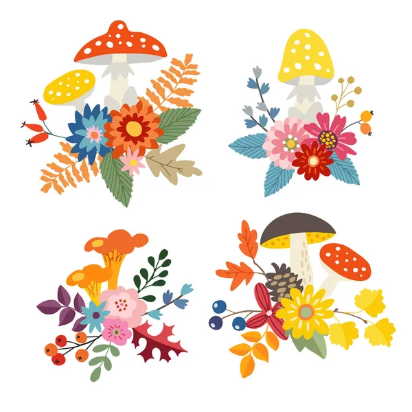 Set of hand drawn bouquets made of mushrooms, colorful leaves and flowers. Autumn, fall floral composition. Isolated vector objects. — Stock Vector