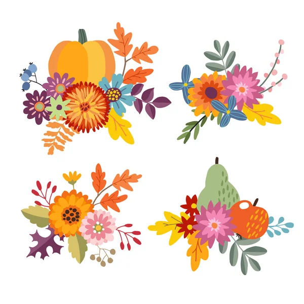 Set of hand drawn bouquets made of pumpkin, apple and pear fruit. Floral composition with colorful leaves and flowers. Autumn, fall concept. Isolated vector objects. — Stock Vector