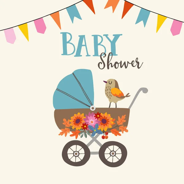 Carino invito baby shower o biglietto di compleanno con uccello, carrozzina e fiori. sfondo illustrazione vettoriale con bandiere partito . — Vettoriale Stock