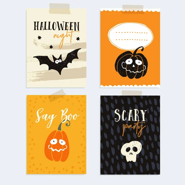 Conjunto de tarjetas de fiesta de Halloween lindo, invitaciones con calabazas, cráneo humano y murciélago. Fondo de ilustración vectorial dibujado a mano — Archivo Imágenes Vectoriales