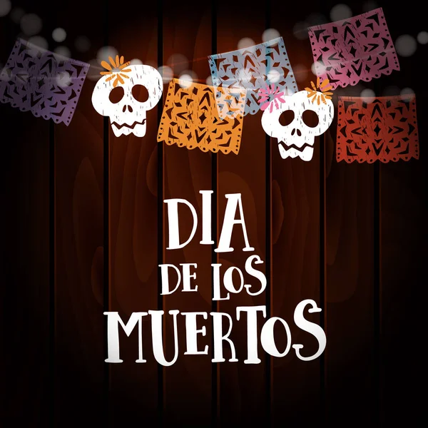 Dia de Los Muertos, ημέρα των νεκρών ή Απόκριες κάρτα, πρόσκληση. Κόμμα διακόσμηση, συμβολοσειρά φώτα, χειροποίητα κομμένα κόμμα σημαίες και κρανία. Ξύλινο υπόβαθρο εικόνα εικόνα διάνυσμα — Διανυσματικό Αρχείο