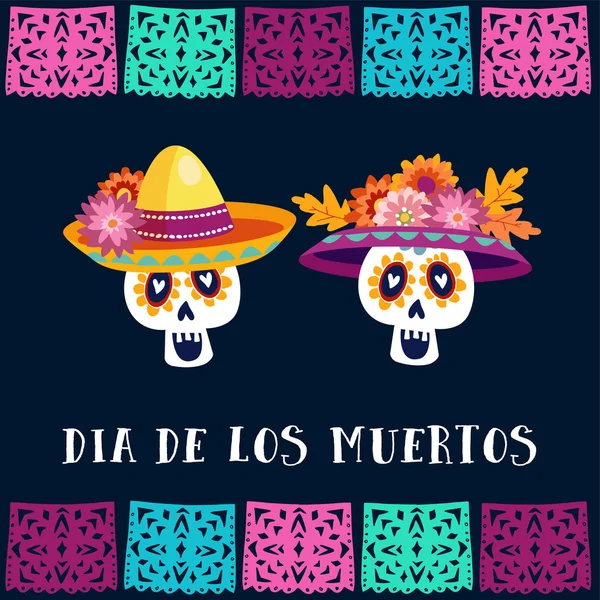 Dia de Los Muertos, Dia dos Mortos ou cartão de saudação de Halloween, convite. Decoração de festa com crânios de açúcar e bandeiras cortadas à mão. Fundo de ilustração vetorial . — Vetor de Stock