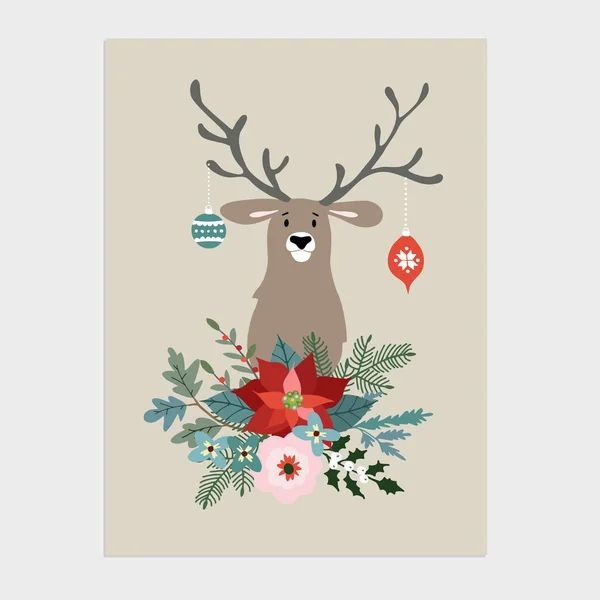 Hagyományos karácsonyi, újévi üdvözlőkártya, meghívó. Kézzel rajzolt ábra rénszarvas a karácsonyi golyókat. Csokor virág, készült holly, Mikulásvirág, fenyő fa ágai. Vector háttér. — Stock Vector