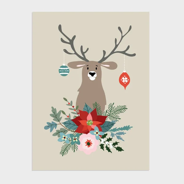 Navidad tradicional, tarjeta de felicitación de Año Nuevo, invitación. Ilustración dibujada a mano de renos con bolas de Navidad. Ramo floral hecho de acebo, poinsettia, ramas de abeto. Fondo vectorial . — Vector de stock