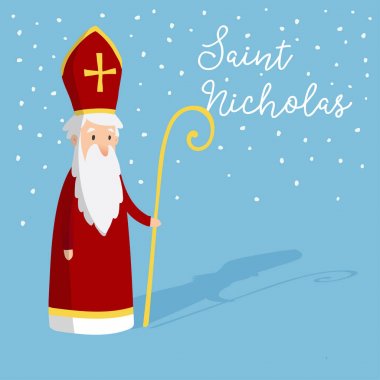 Gönye ve pastoral personel şirin tebrik kartı ile Aziz Nicholas'ım. Avrupa kış geleneği. Çizilmiş tasarım el, resimde arka plan yağan kar ile vektör.