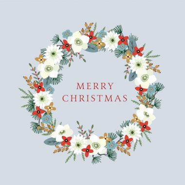 Vintage Noel, yeni yıl tebrik kartı, holly, hellebores çiçekler, çam, köknar ağaç dalları ve çilek yapılmış dekoratif çiçek çelenk gösterimi ile davet. Vektör arka plan.