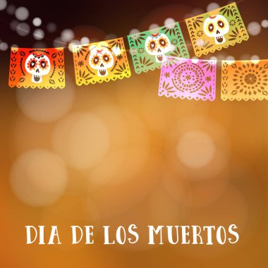 Dia de Los Muertos, ölü veya Cadılar Bayramı Günü kartı, davet. Parti dekorasyon, ışıklar, el yapımı kesme parti bayrakları ve kafatasları dize. Modern bulanık vektör çizim, arka plan.