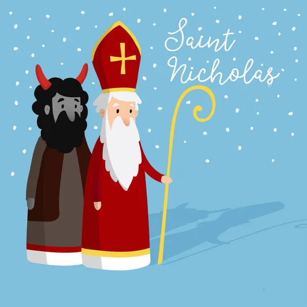 Lindo San Nicolás con el diablo y la nieve cayendo. Tarjeta de invitación de Navidad, ilustración de vectores, fondo de invierno — Vector de stock