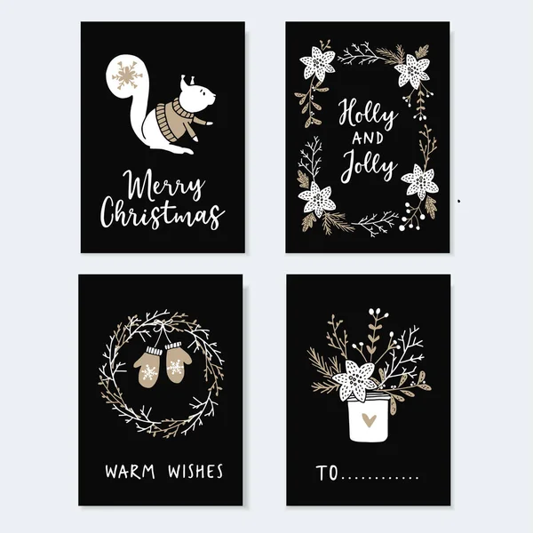 Conjunto de cartões bonitos de Natal, convites com esquilo, flores de grinalda e flores de inverno. Ilustrações desenhadas à mão, design plano com fundo preto . —  Vetores de Stock