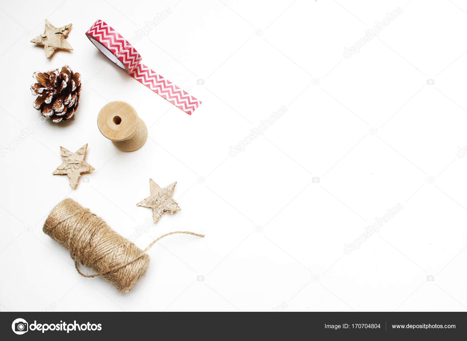 Festive Styled Stock Image Composition Pinecone Pinecone Decorative Tape Ribbon Rope Berries Anise And Wooden Stars Isolated On White Background Gift Wrapping Flat Lay Top View