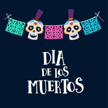Dia de los Muertos tebrik kartı, davet. Meksikalı ÖIüler Günü. Dekorasyon parti bayrakları ve ornametal şeker numara ile dize. Elle çizilmiş vektör çizim, arka plan.
